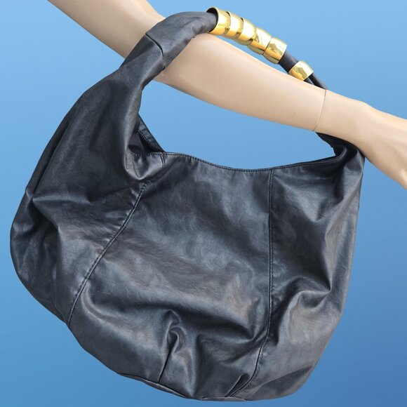 Y2K Black Gold Slouchy Hobo Bag Faux Leather Mcbling 2000s Emo Indie Sleaze - Picture 1 of 8